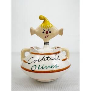 Vintage Ceramic Davar Pixieware Cocktail Olives Jar With Lid/Spoon READ